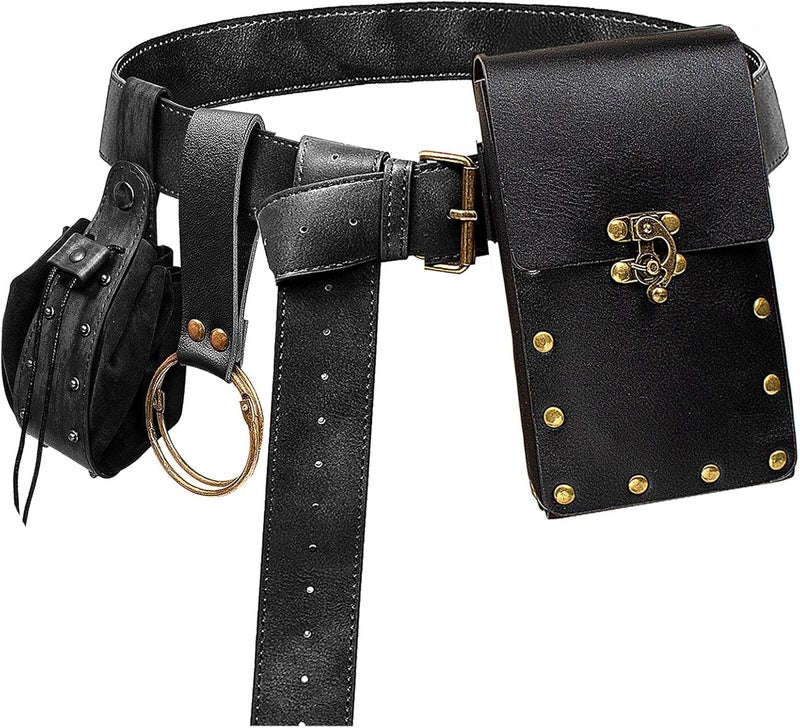 KOTORA Renaissance Belt Pouch Coin Purse Skirt Hike Set Medieval Festival Costume Halloween Accessories Casual Fanny Pack Waist Bag (2Pouch-Black) - Image 1